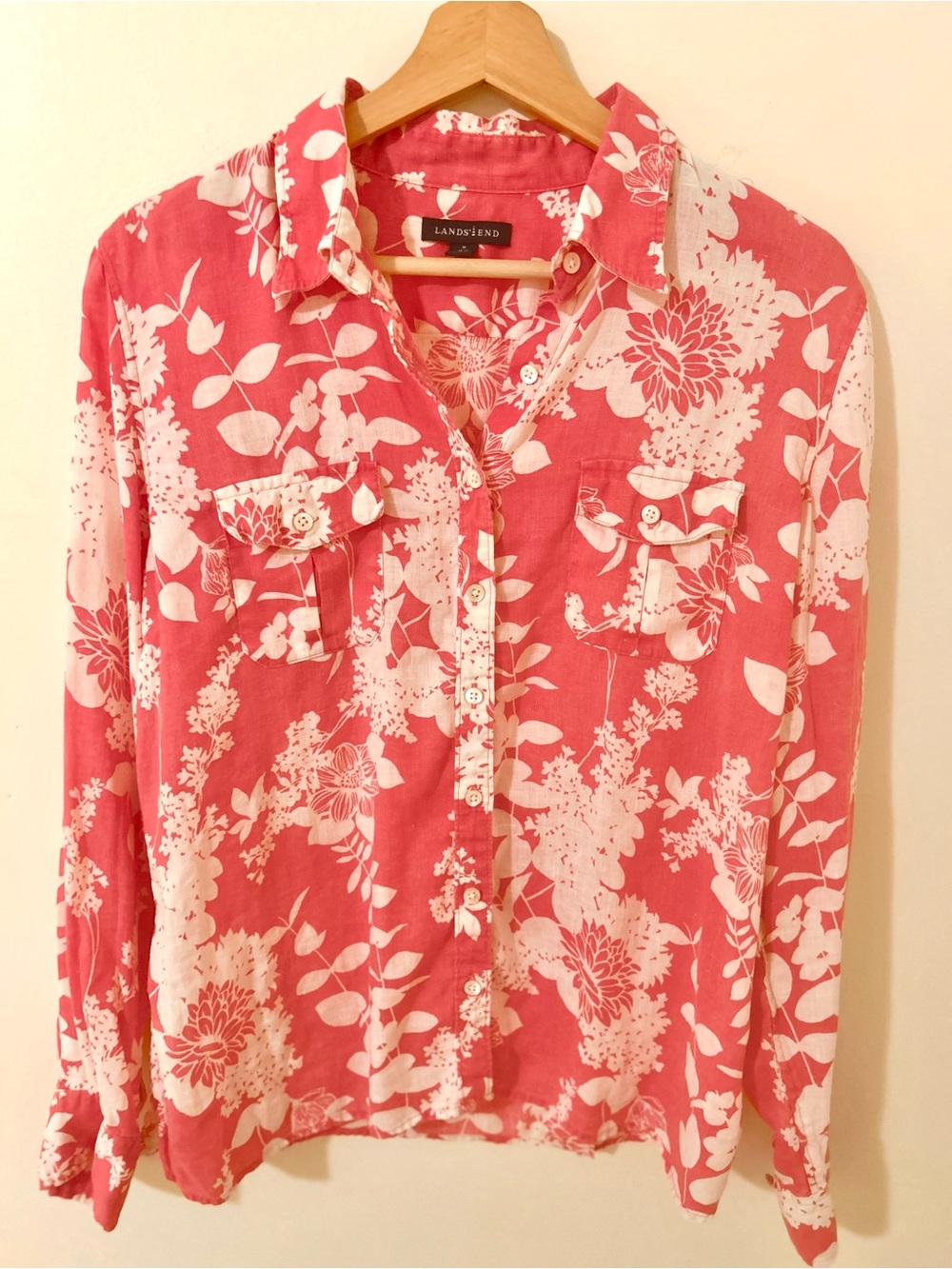 Lands End Coral Pink Botanical 100% Linen Button Down Floral Shirt M